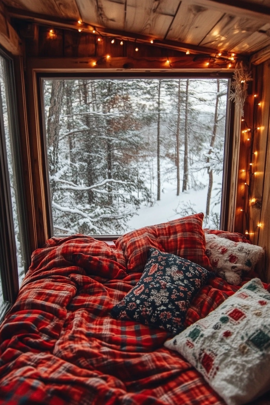 Wide angle view. Flannel bedding, string lights, festive sleeping nook, winter wonderland outside.