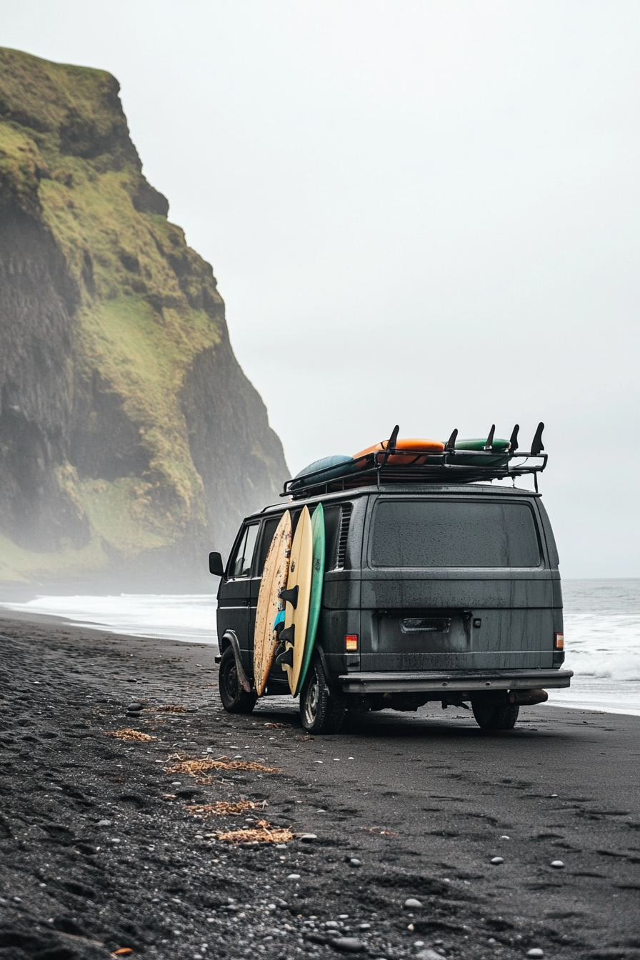 Wide angle view. Black van on a black sand beach with surfboard racks and outdoor shower.