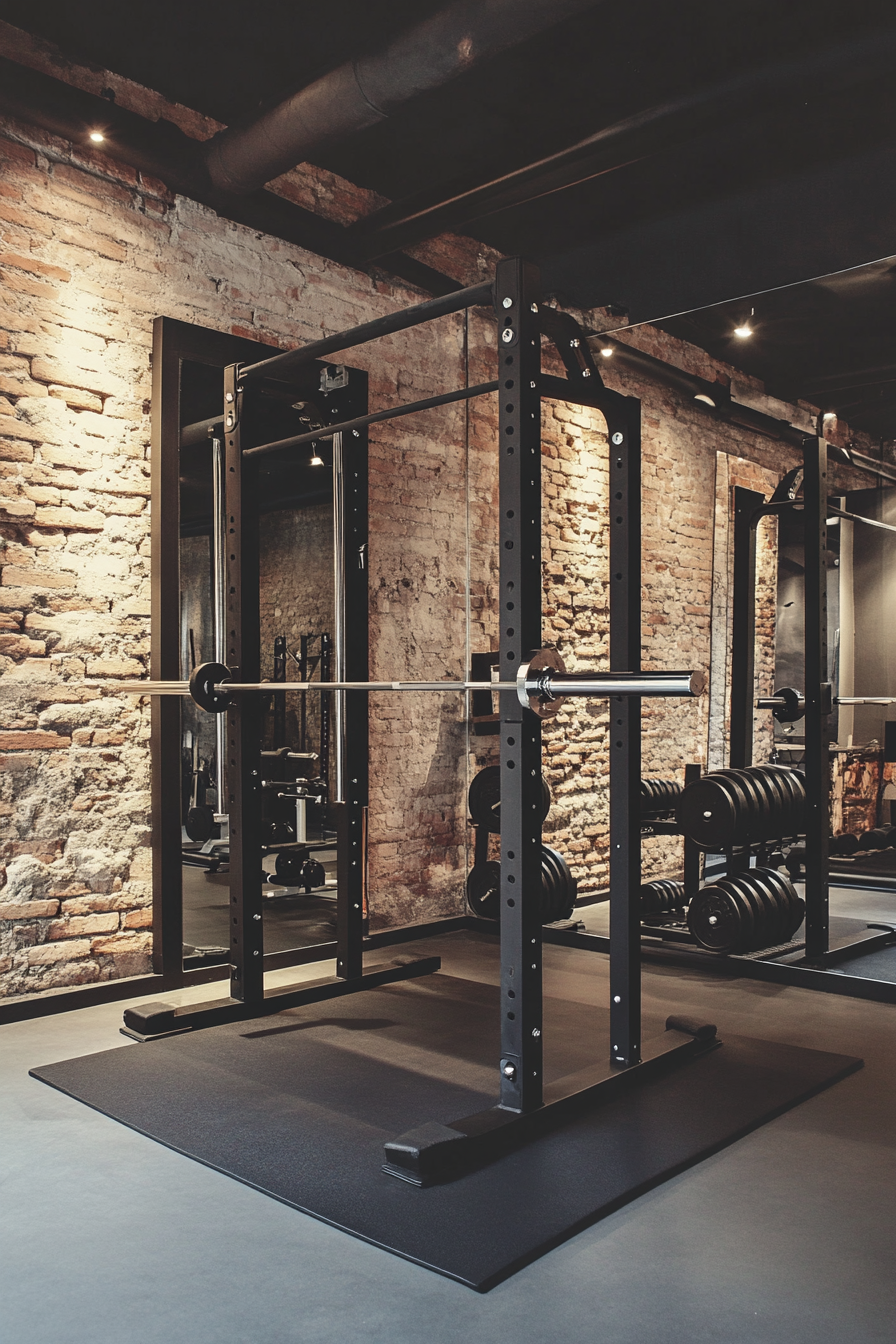 Contemporary tiny gym. Black matte squat rack, exposed brick, mirrored wall.