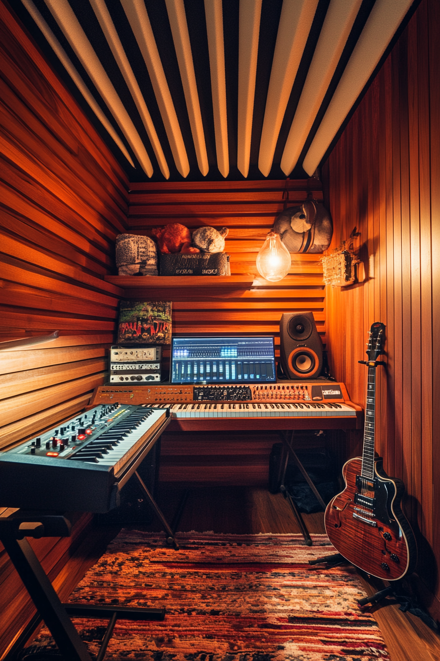 Tiny music room. Mahogany wood walls, acoustic foam ceiling, wall-mounted keyboard and guitar stand.