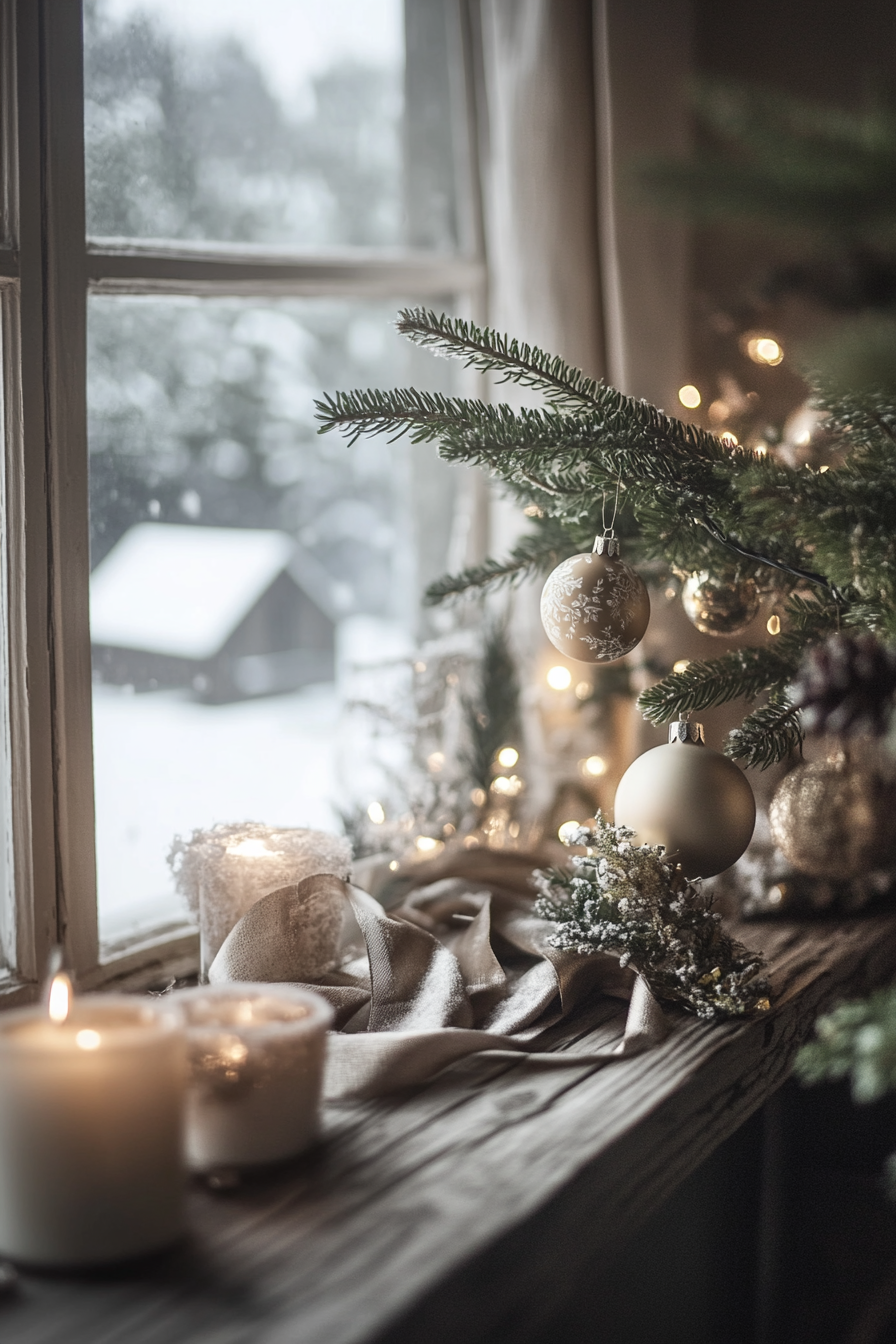 Elegant Christmas interior. Vintage ornaments, velvet ribbons, snow-covered village vista in wide-angle.