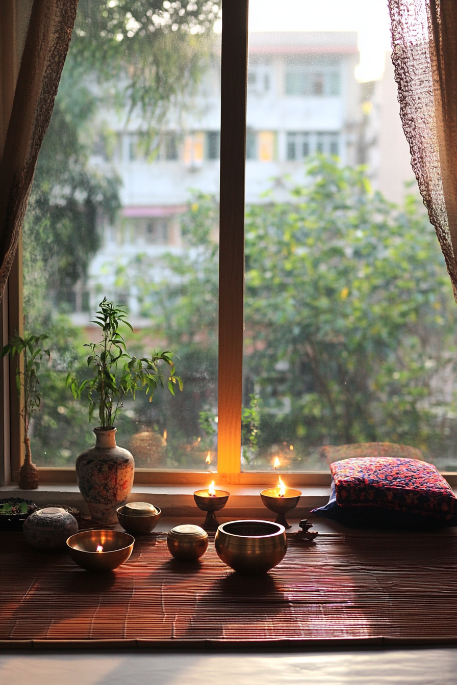 Van meditation room. Zen style, bamboo mat, incense holder, singing bowls.