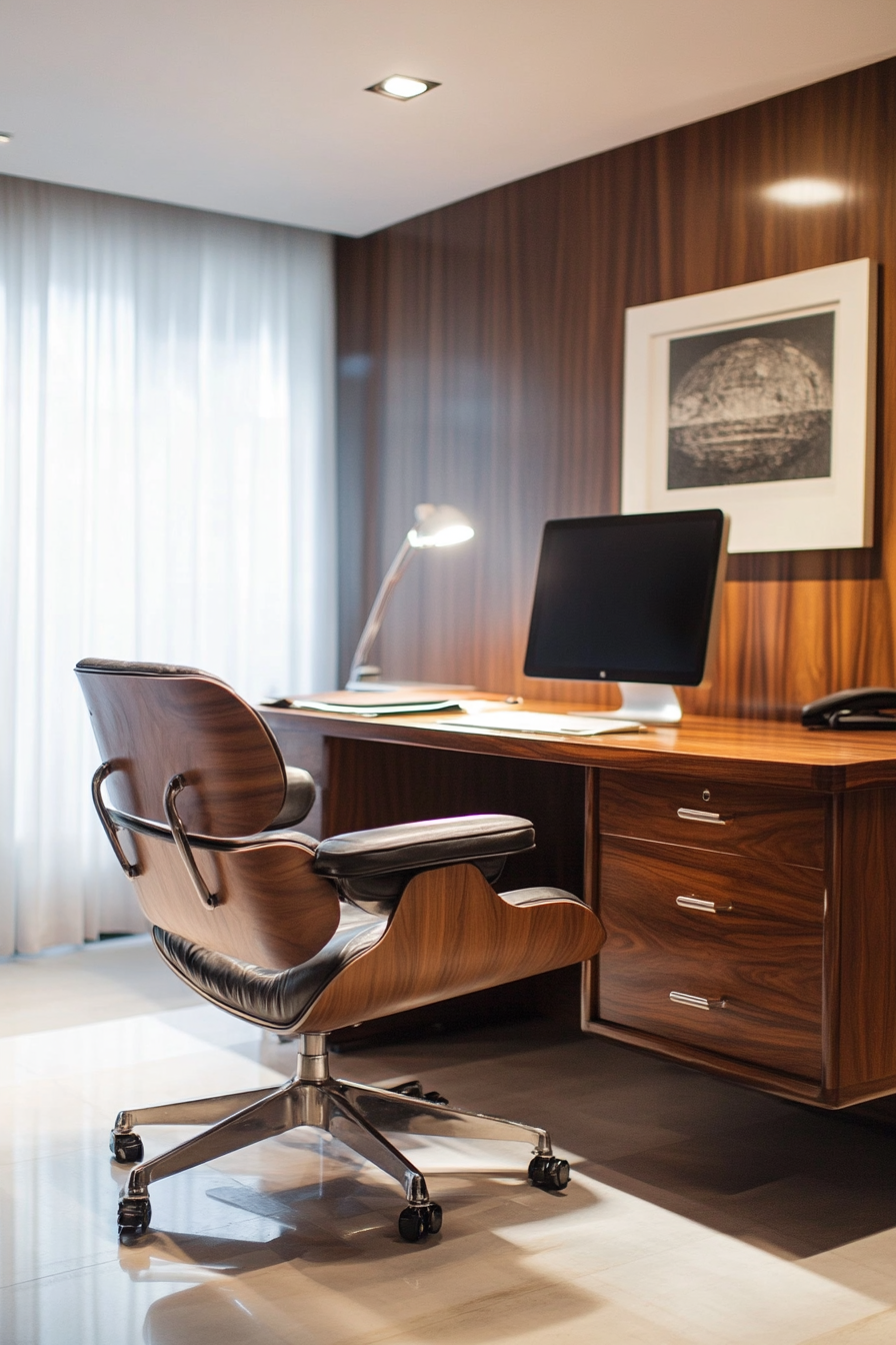 Wide angle view. Workspace with walnut paneled desk, vintage Eames chair and stark evening lighting.