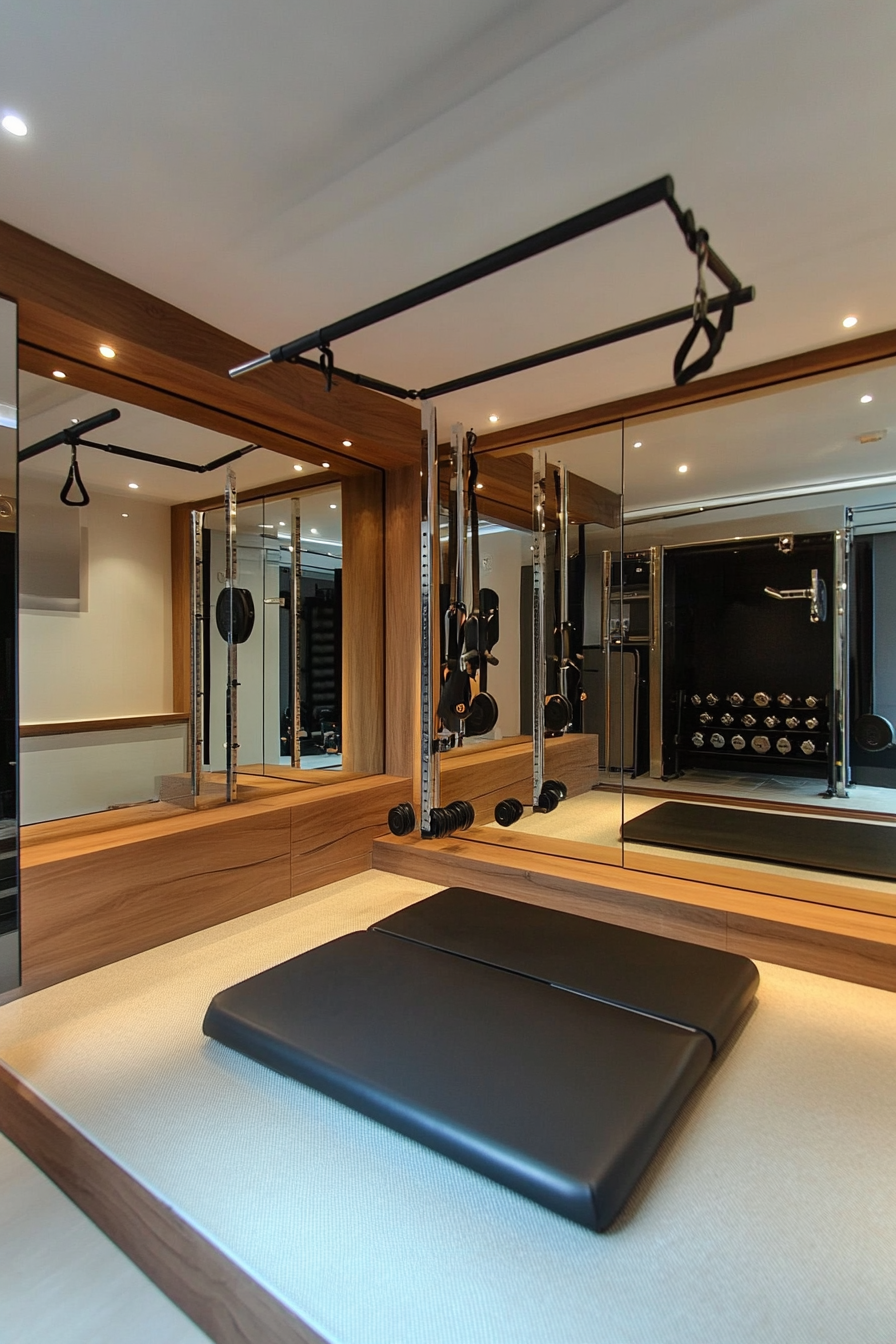 Contemporary Tiny Gym. Mirrored wall, weight rack, pull-up bar, cushy workout mat.