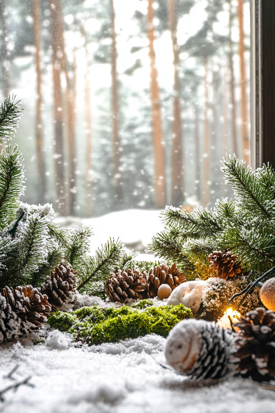 Wide angle holiday view. Woodland decorations with moss details among snowy pines.