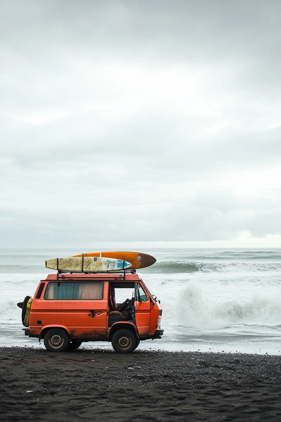 Wide-angle beach view. Van with surfboard racks on black sandy beach. Outdoor shower. Crashing waves.