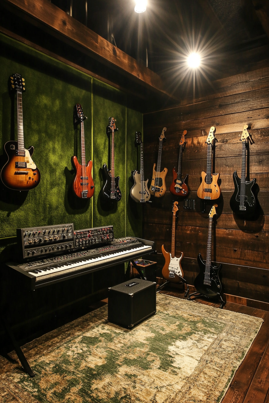 Woodland music room. Dark mahogany walls with moss green acoustic panels, keyboard mount and hanging guitars.