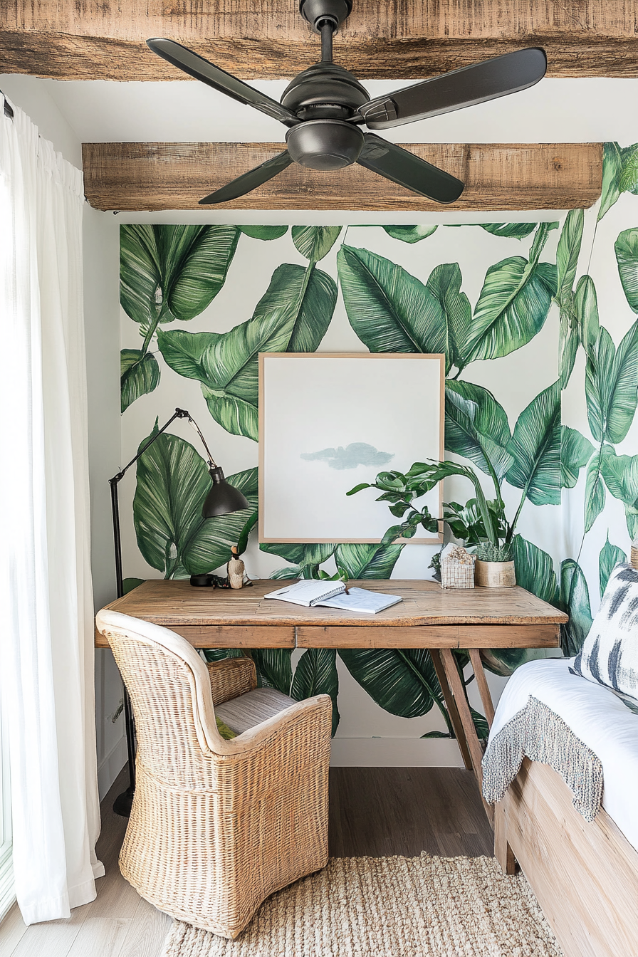 Tropical-modern tiny office. Leaf wallpaper, rattan desk, standing ceiling fan, and an exposed beam.