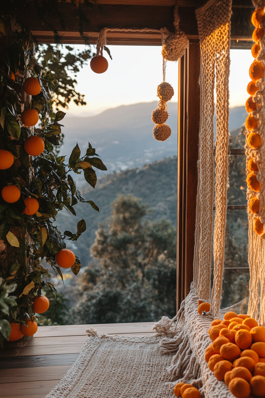 Wide angle holiday space. Macramé stockings, dried orange garlands, mountain sunset view.