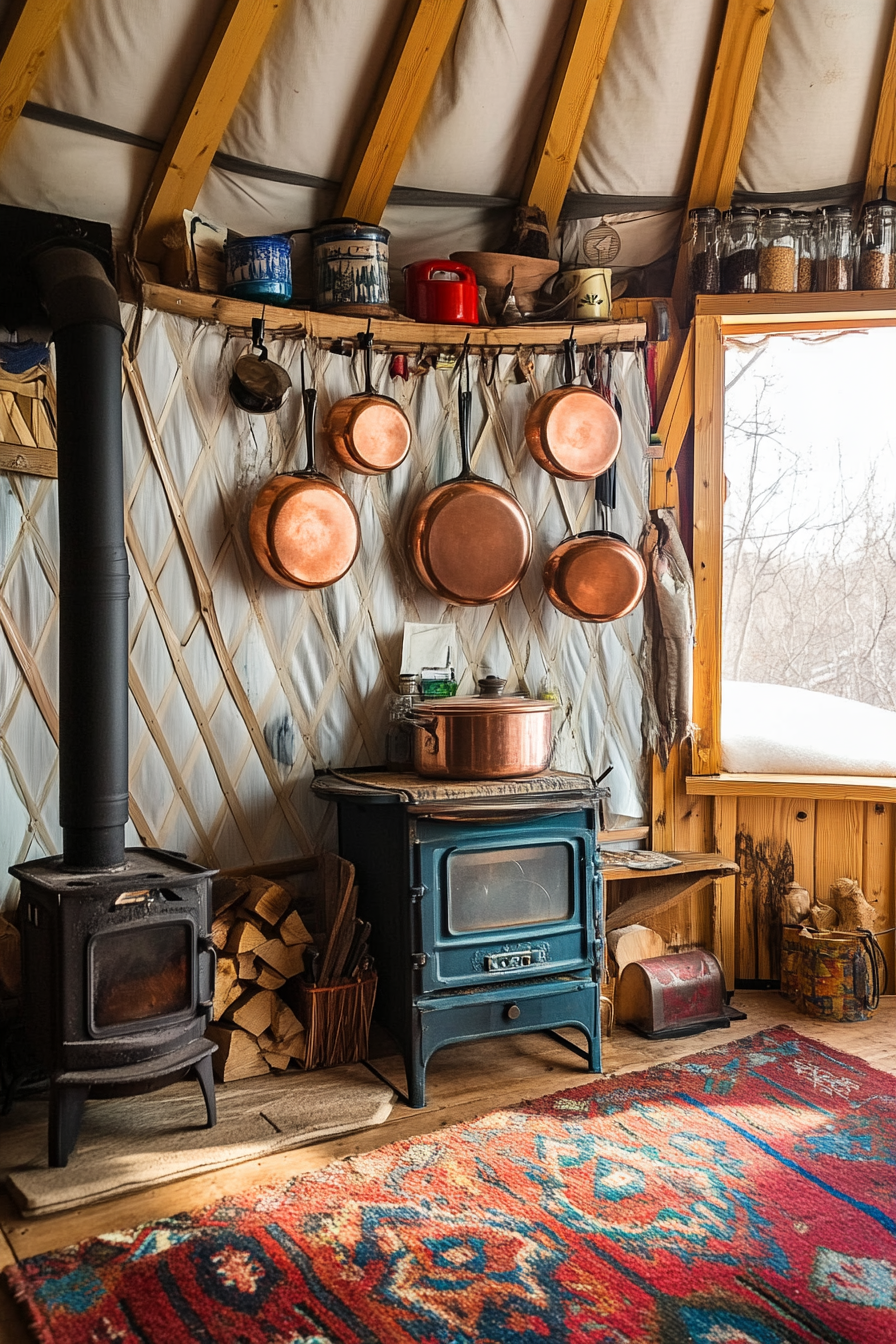 Alpine-Style Yurt Kitchen. Hanging copper pots beside a cast-iron wood stove.