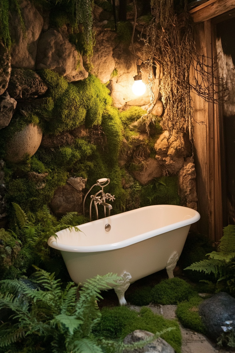 Tiny bathhouse. Porcelain soaking tub surrounded by mossy stones and fern plants.