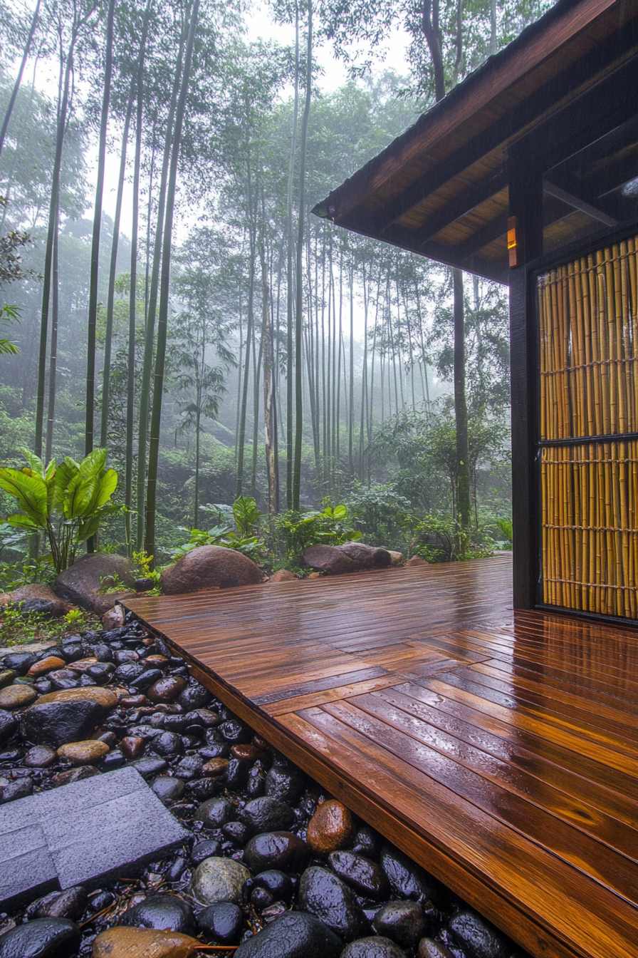 Wide angle view. Minimalist tiny house deck, bamboo screens, rock garden, misty bamboo forest.