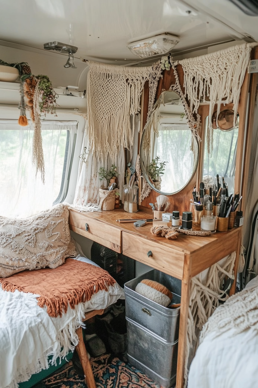 Bohemian Van Vanity. Wood-framed folding mirror with macrame decorations and metal makeup storage box.