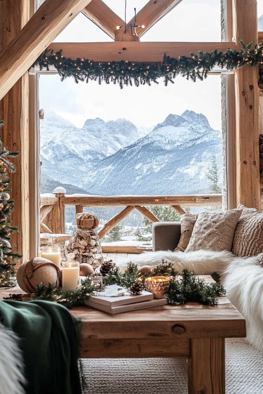 Farmhouse-style space. Pine garlands, wooden ornaments, snowy mountain view.