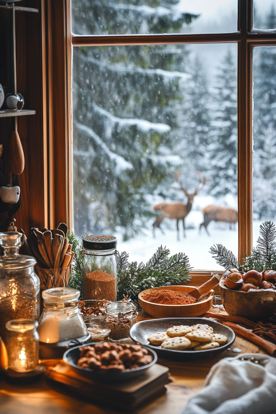 Holiday baking haven. Desktop with spices, cookies, pine, window view to deer in snow.