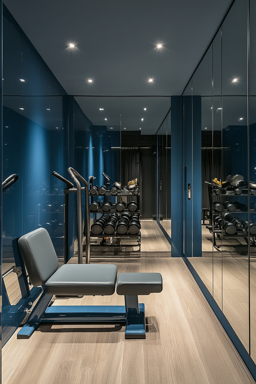 Contemporary tiny gym. Steel blue accent wall, mirrored exercise area, discreet equipment cabinet.