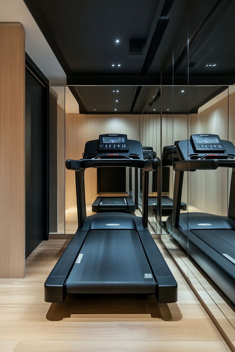 Contemporary Tiny Gym. Black treadmills against mirrored wall.