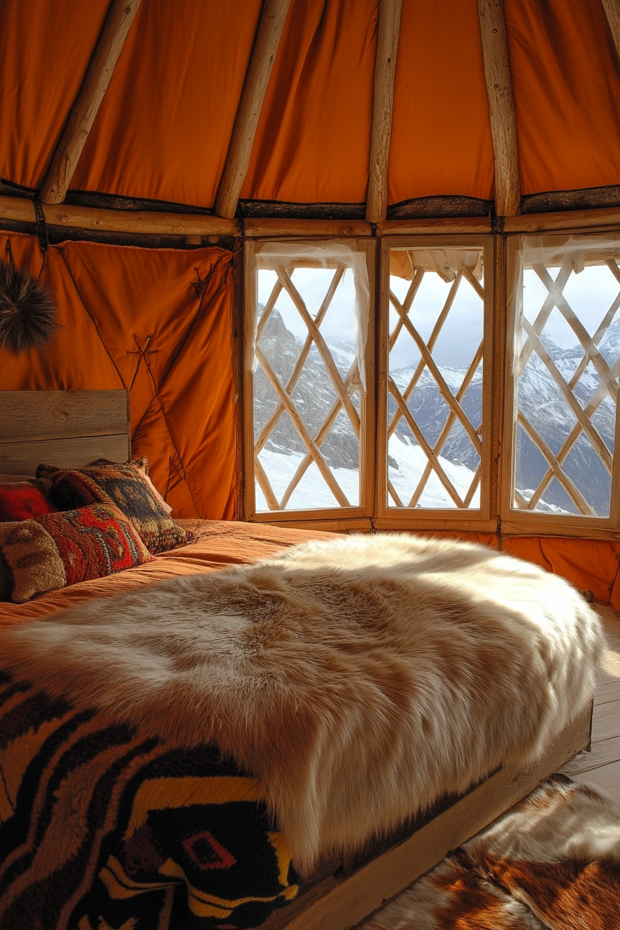 Alpine-View Yurt Bedroom. King-size rustic bed with faux fur throw against panoramic window.