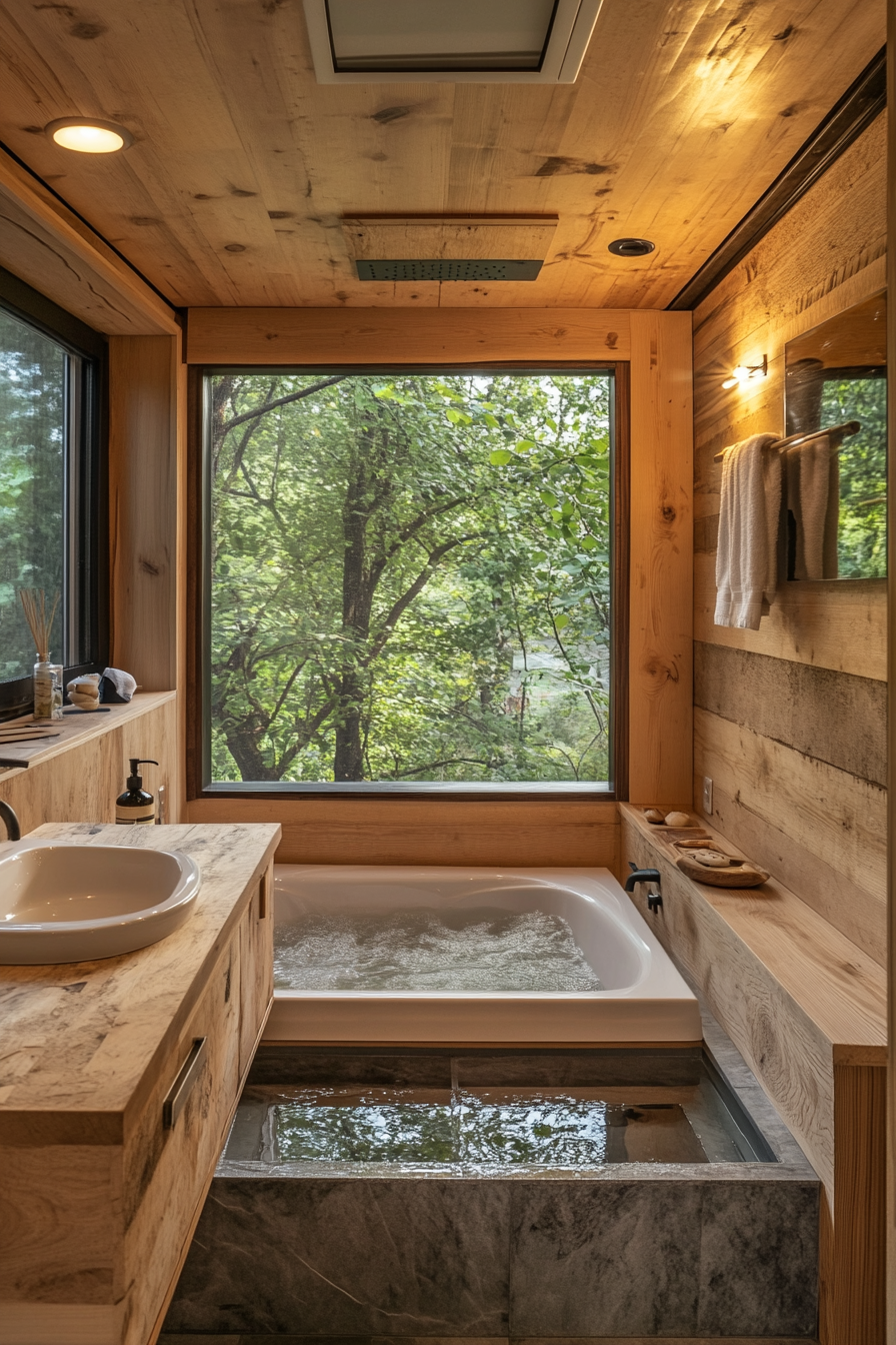 Wide angle view. Natural tiny house bathroom. Wooden soaking tub, stone elements.