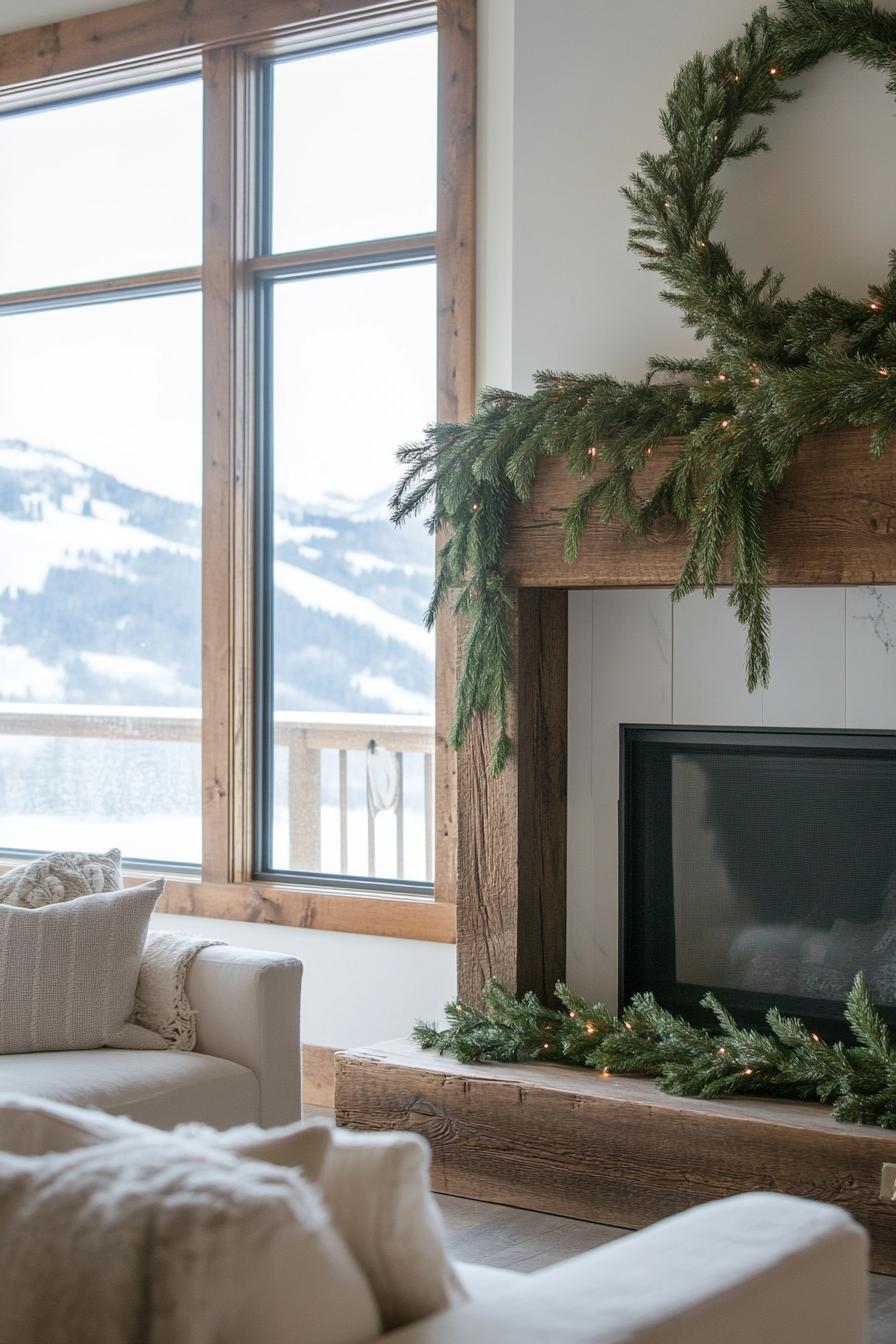 Farmhouse-style space. Pine garlands on wooden mantle, snowy mountaintop view.