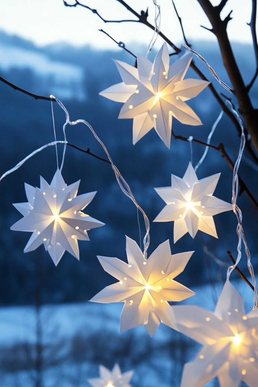 Modern Christmas decor. White LED string lights adorning minimalistic paper snowflakes, panorama over frost-kissed valley.