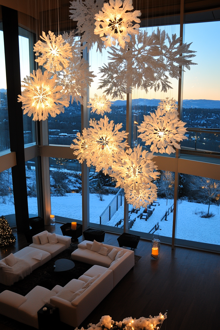 Wide-angle view. Modern Christmas decor, white lights, paper snowflakes, Providence overlook, frost-covered valleys.