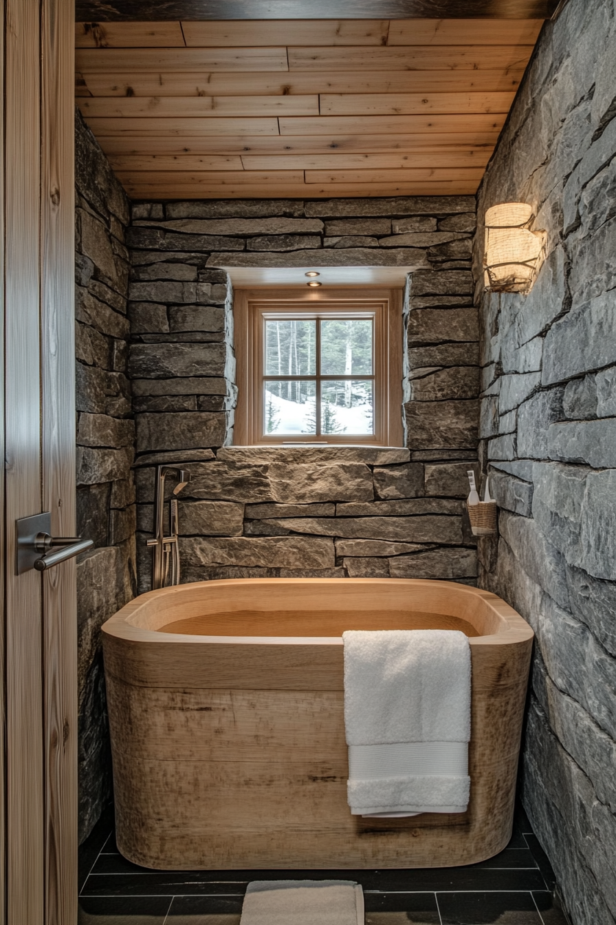 Natural tiny house bathroom. Wooden soaking tub and grey stacked stone wall.