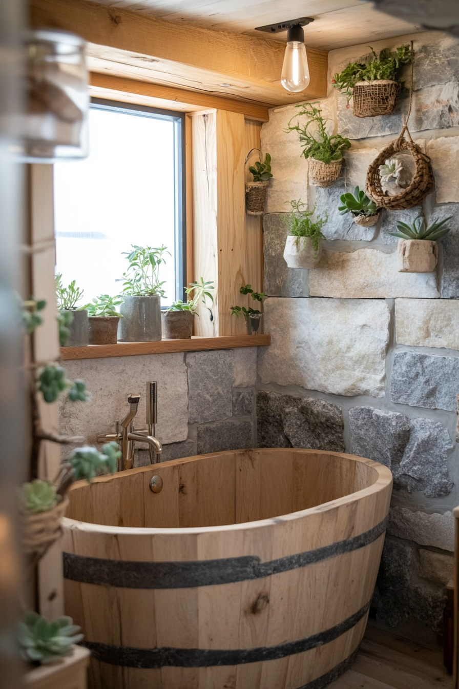 Natural tiny house bathroom. Wooden soaking tub, stone elements, succulent plants in the windowsill.