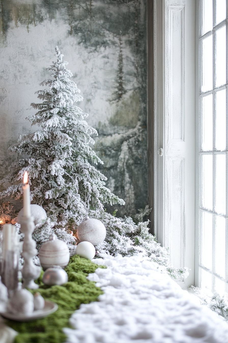 Whimsical holiday space. Snow-covered pines framing moss-covered woodland decorations.