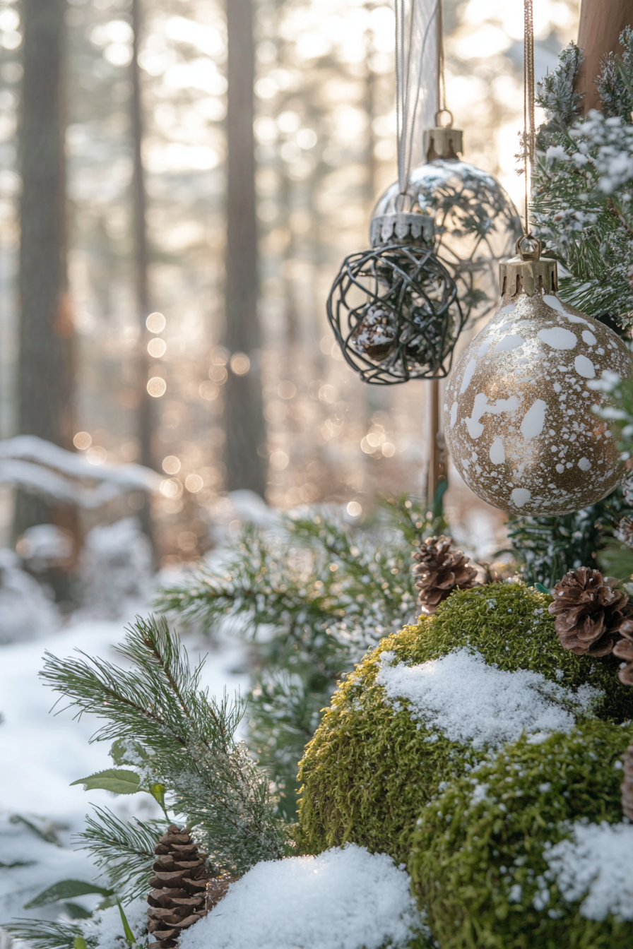 Wide angle holiday scene. Woodland ornaments, moss details, surrounded by snowy pines.