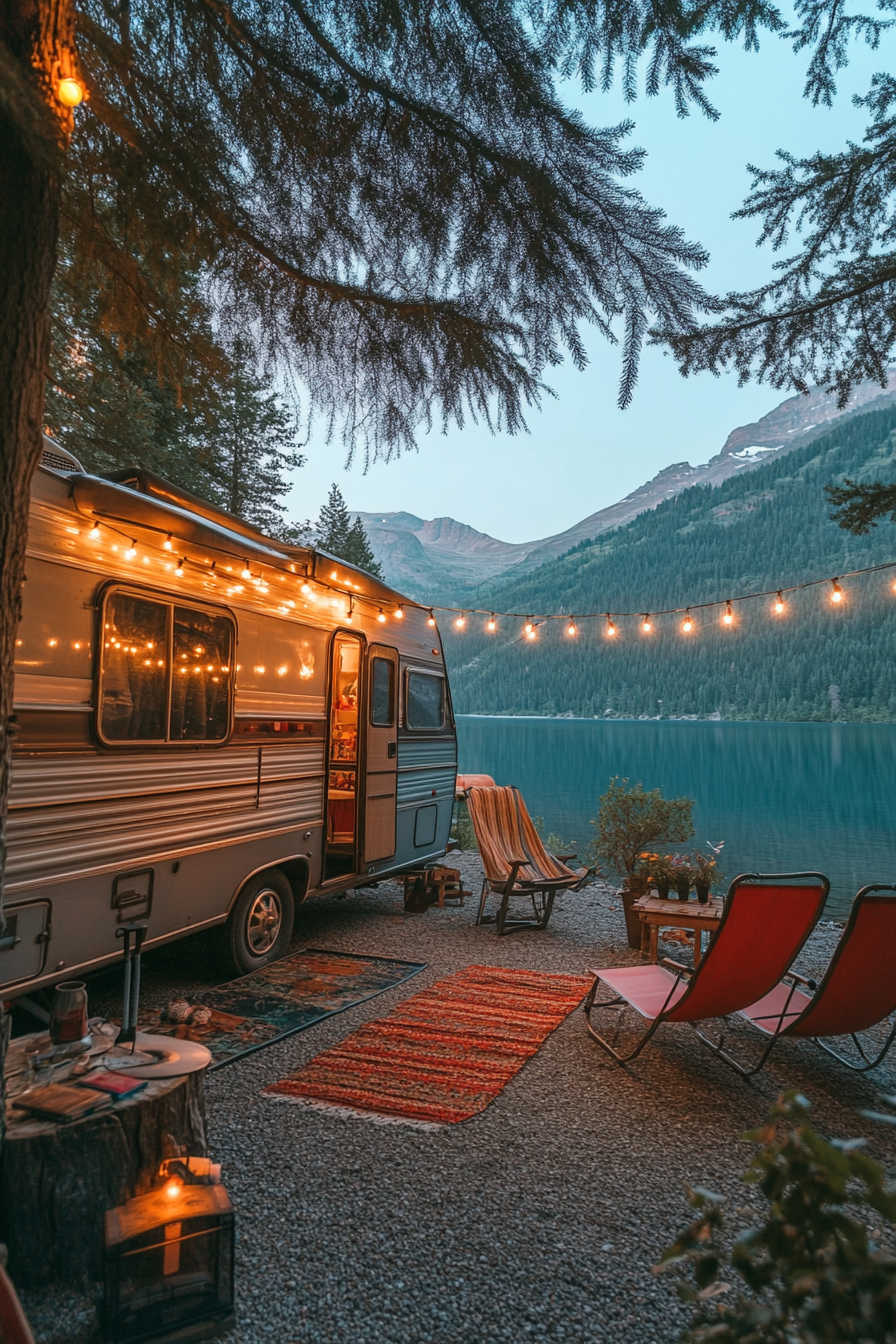 Wide angle view. Retro RV, metal gliders, string lights, parked beside clear mountain lake.