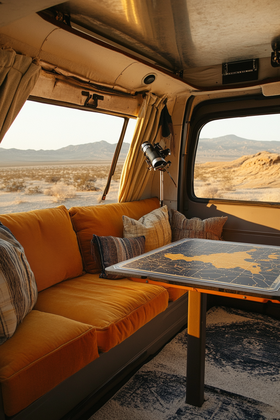 Van rooftop. Telescope mount, desert-view, star map table, loungers.