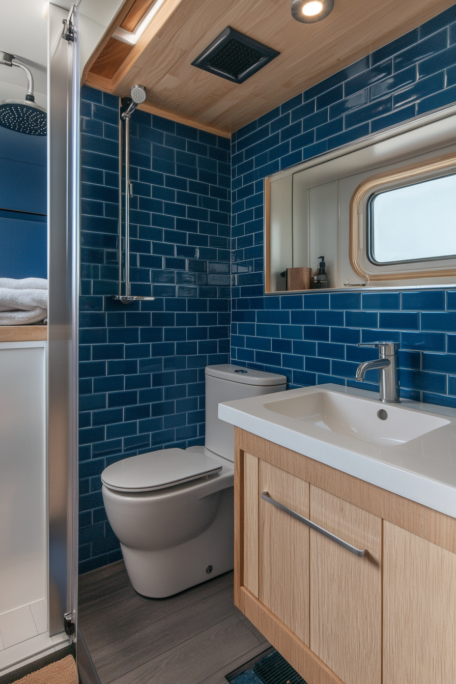 Contemporary camper bathroom. Smart toilet, rainfall shower, hidden storage with marine blue tiles.