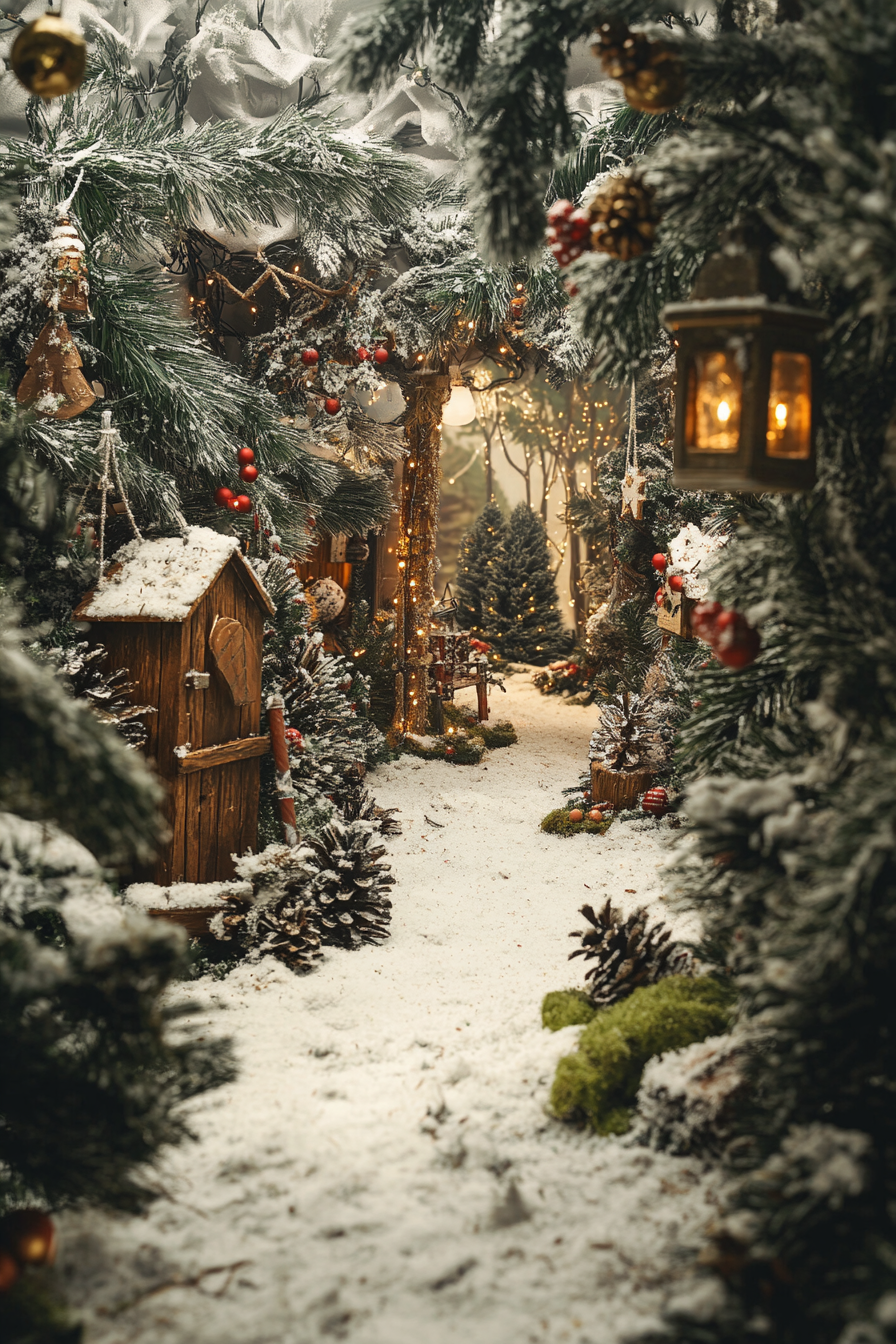 Whimsical holiday space. Snowy pines framing mossy woodland decorations in wide-angle view.