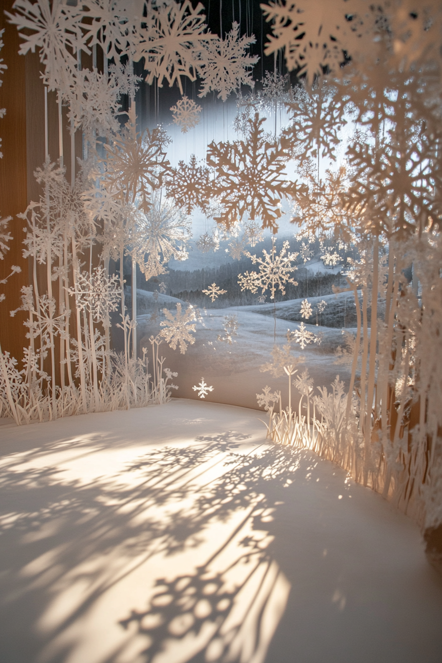 Modern Christmas décor. White-lit room with paper snowflakes refractions, frost-covered valley panorama.