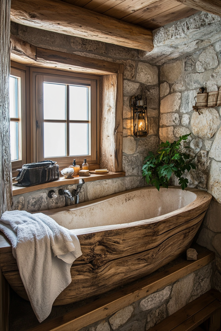 Natural tiny house bathroom. Wide, oak tub and rustic stone details.