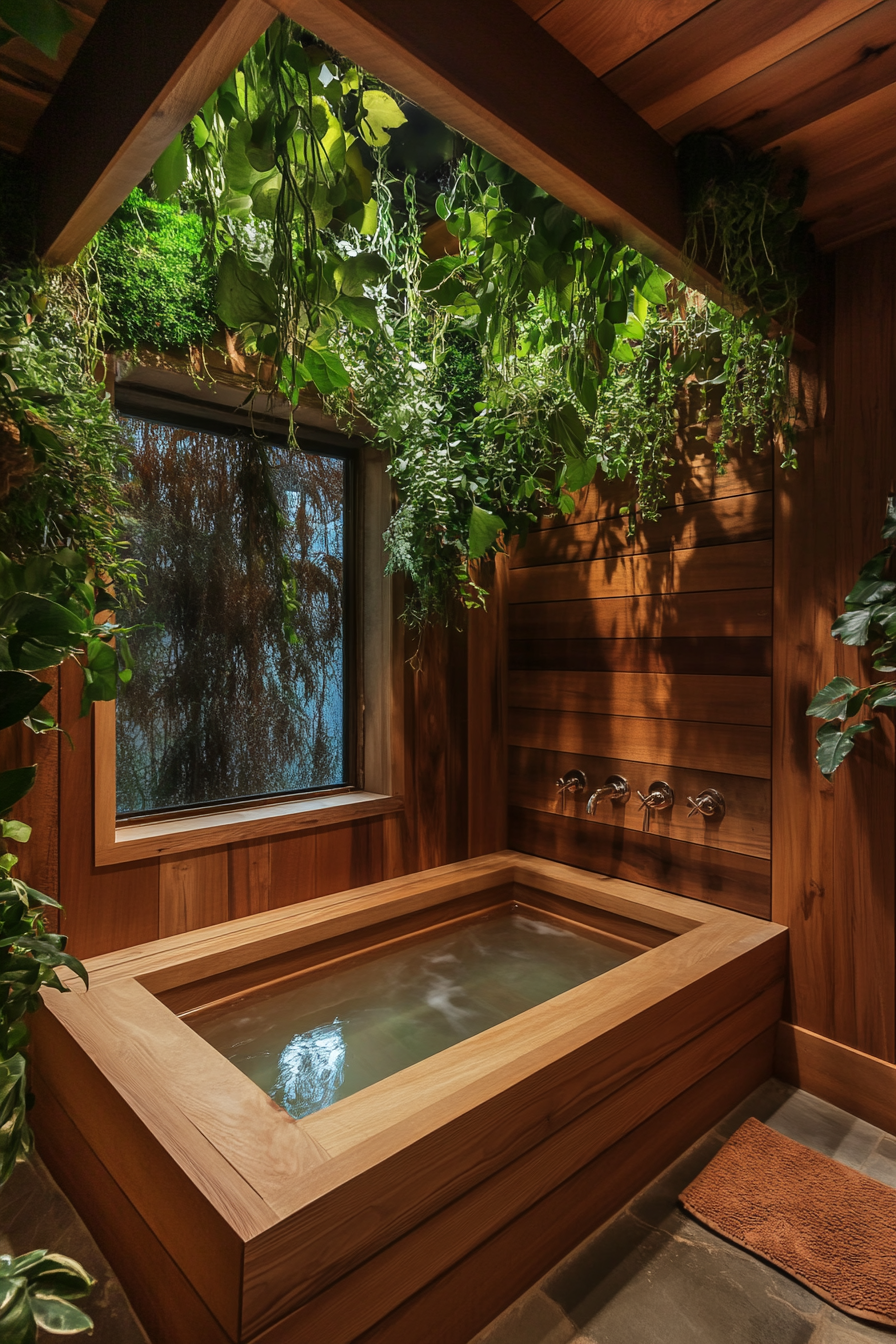 Tiny bathhouse. Cedar soaking tub under a hanging plant wall.