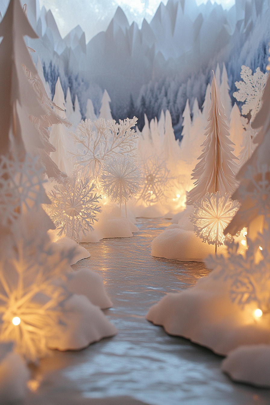 Modern Christmas decor. Wide-angle view of frosted valley with paper snowflakes and white lights.