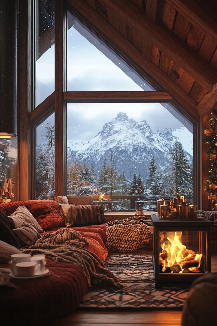 Ski lodge interior. Wool blankets, hot cocoa station, wide angle with snowy peak view.