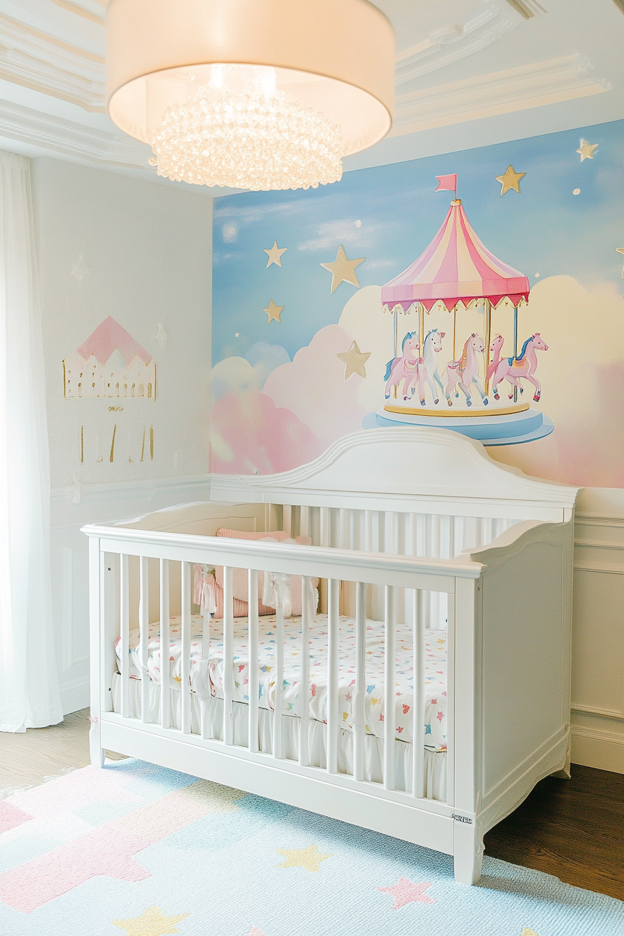 Wide angle baby space. Rainbow wallpaper with carousel horse decals and star patterned bedding.