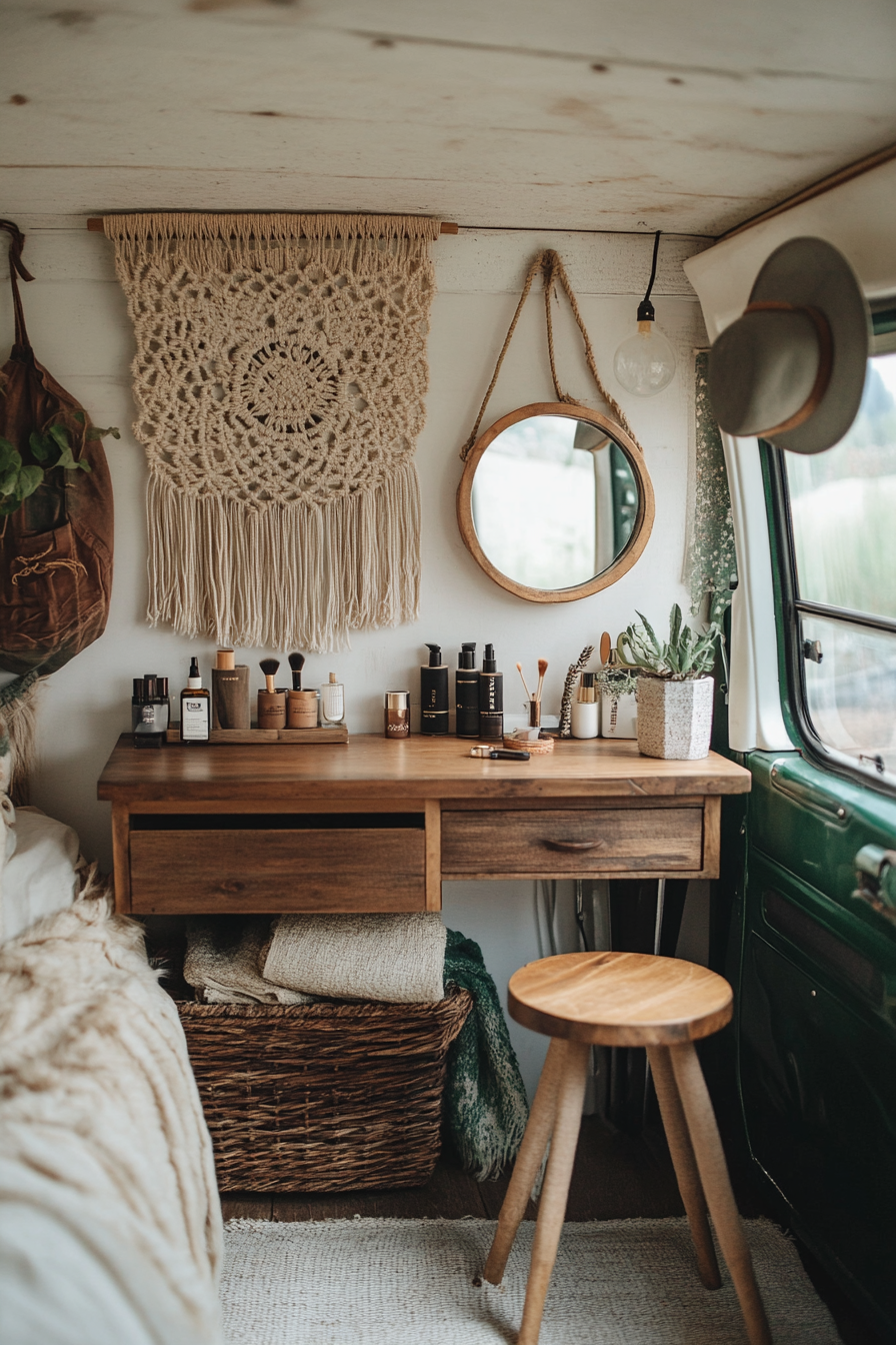 Bohemian van vanity. Woven wall hanging, teak makeup organiser, rustic ring light, tri-fold antiqued mirror.