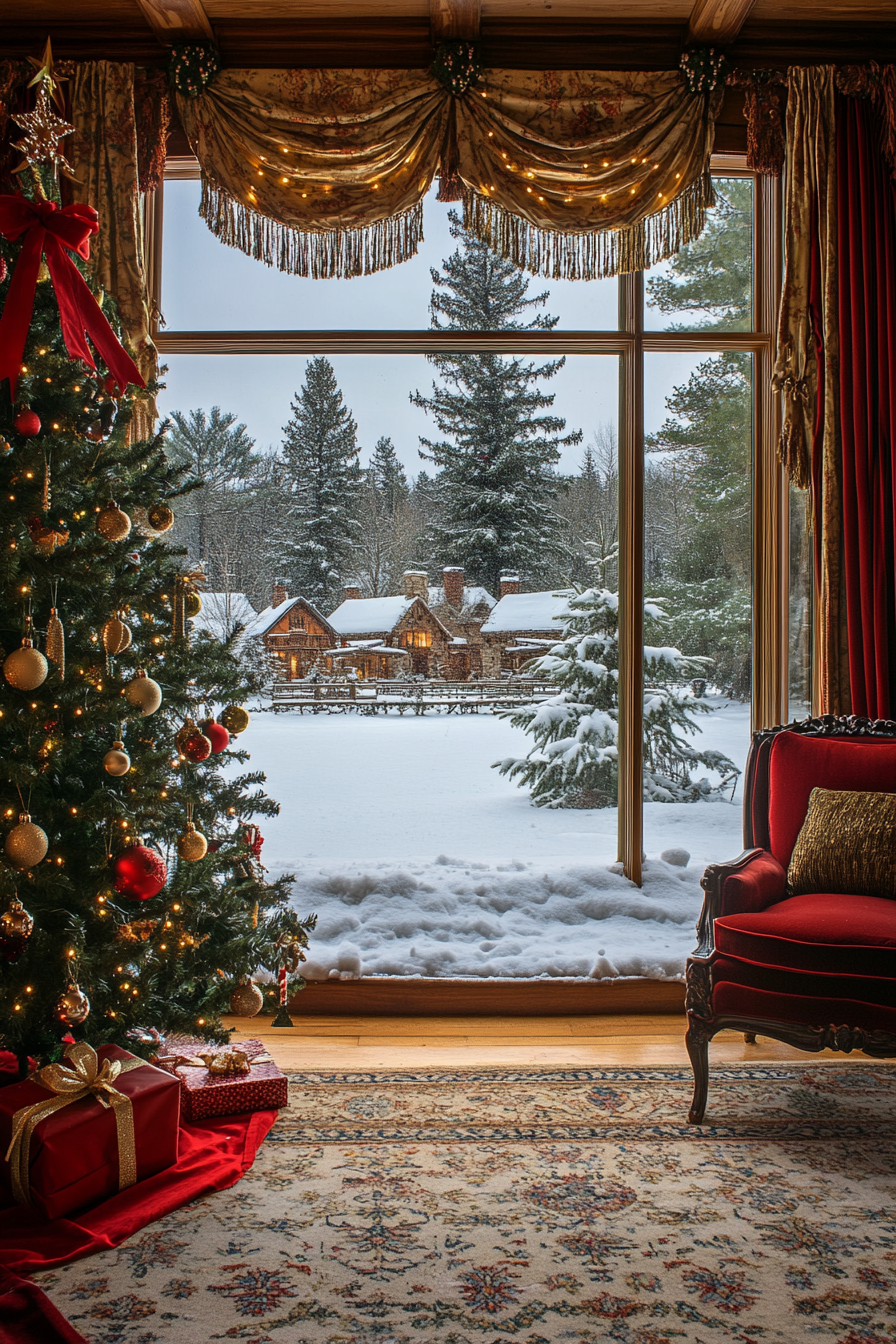 Wide angle Christmas interior. Vintage ornaments on green fir tree, velvet red ribbons, snowy village view.