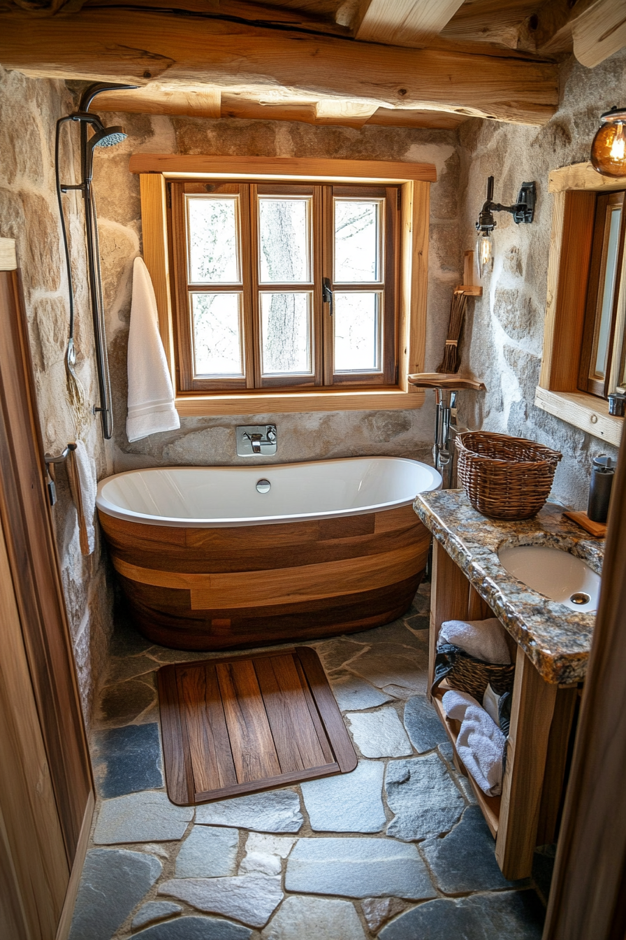 Natural tiny house bathroom. Wooden soaking tub, stone countertop, wide angle view.