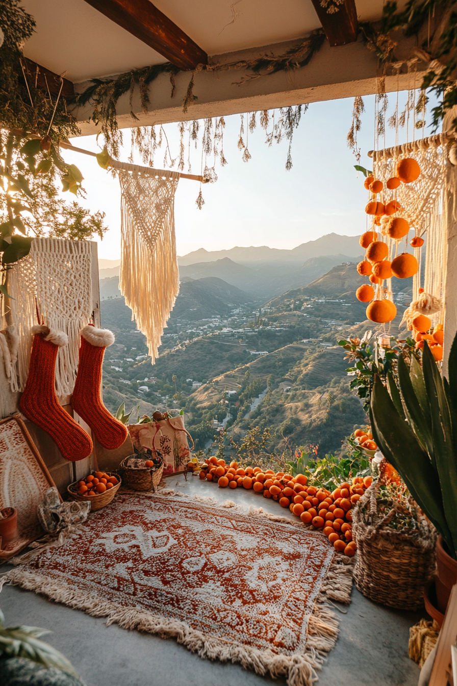 Wide angle holiday space. Macramé stockings, dried orange garlands, mountain sunset view.