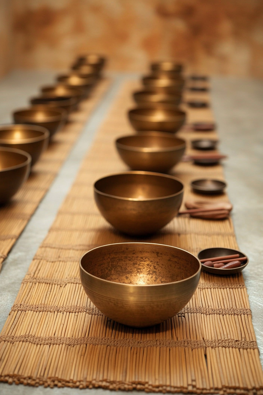 Zen-style Van Meditation Room. Tibetan singing bowls on bamboo mat.