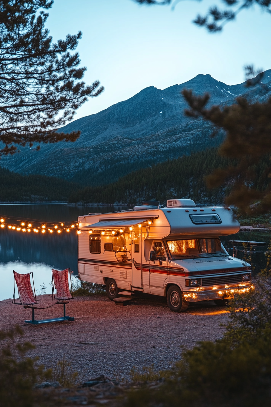 Wide angle view of retro-styled RV parked by mountain lake with string lights and metal gliders.