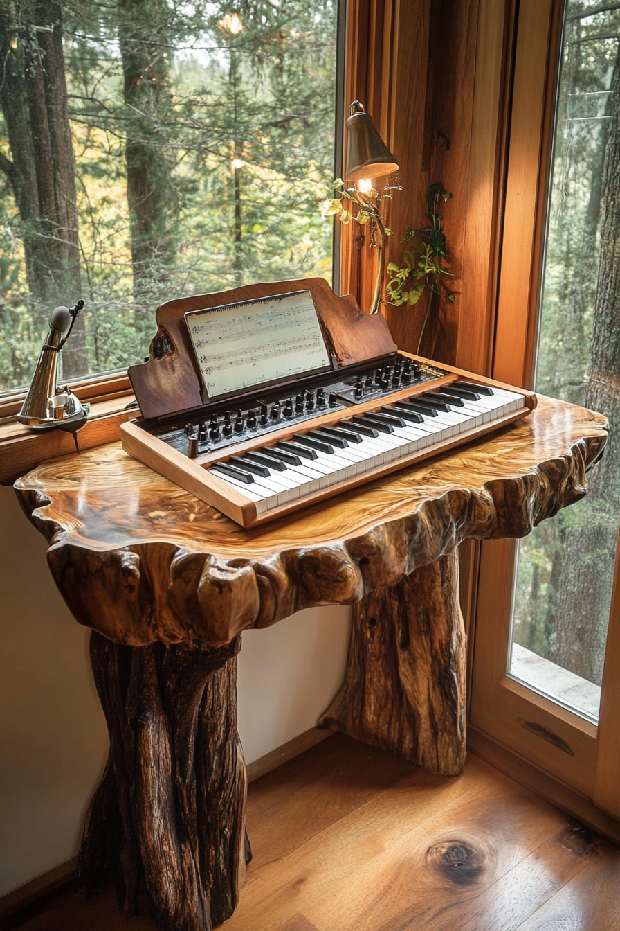 Woodland-style tiny music room. Live-edge wooden desk with mounted keyboard.