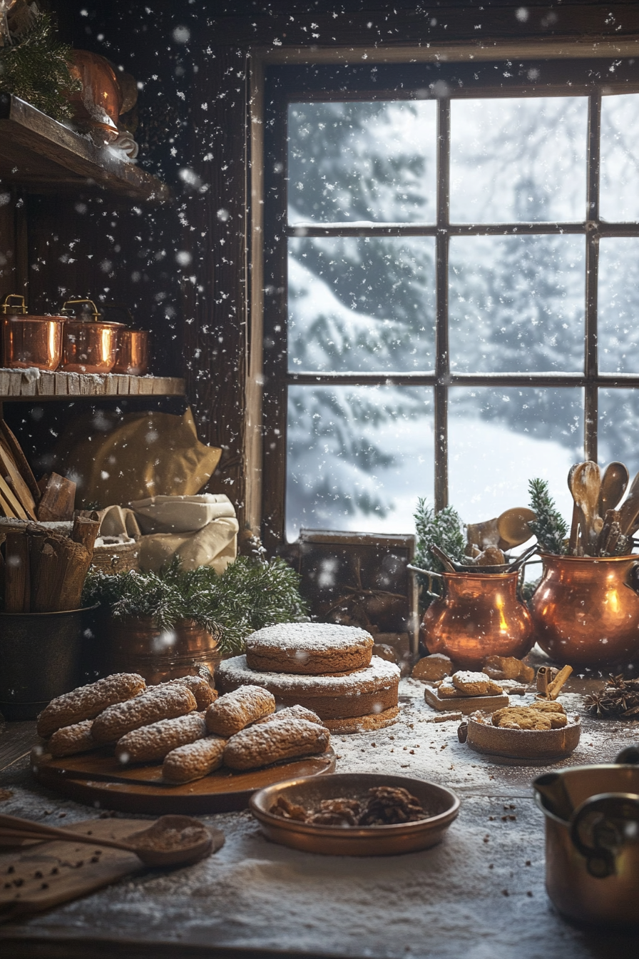 Wide angle view. Gingerbread making space with cinnamon bundles and copper pots, snow falling outside.