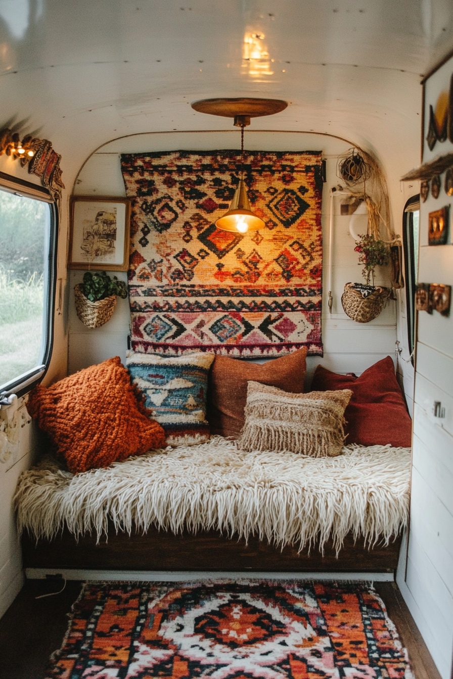 Desert-Boho reading corner. Camper with southwest textile hangs, amber book light, shredded cushions.