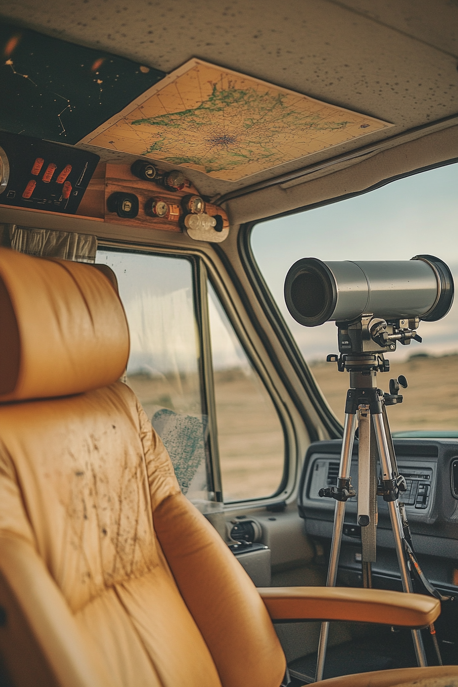 Desert-view van rooftop. Gray telescope mount, starry sky map, tan loungers.